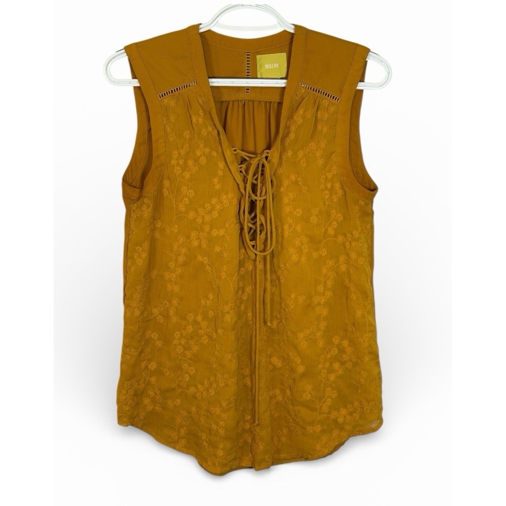 Maeve Mustard Yellow Embroidered Lace Up Sleeveless Top Size 6